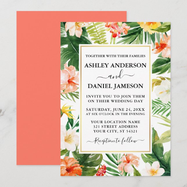 Invitation Aquarelle Corail tropical Mariage or floral (Devant / Derrière)