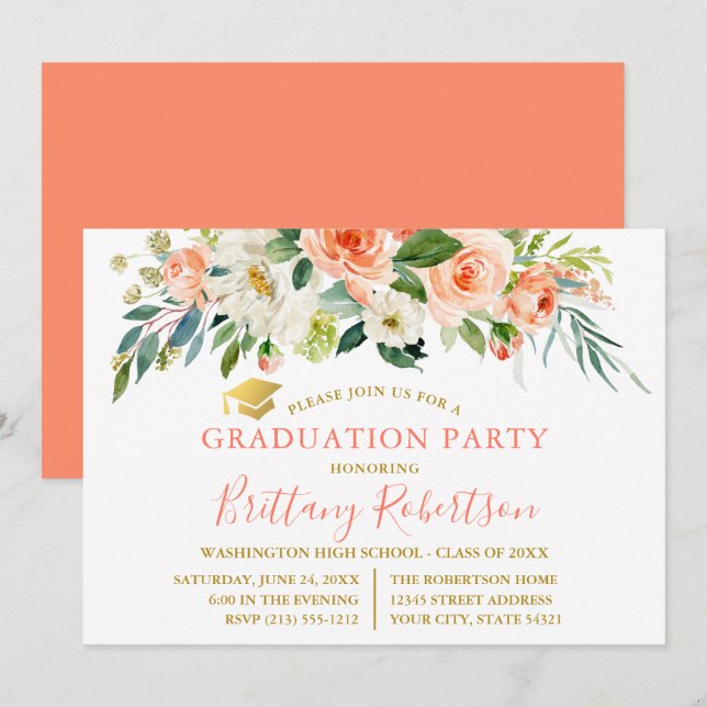 Invitation Aquarelle Coral Blanc Floral Gold Grad Party (Devant / Derrière)