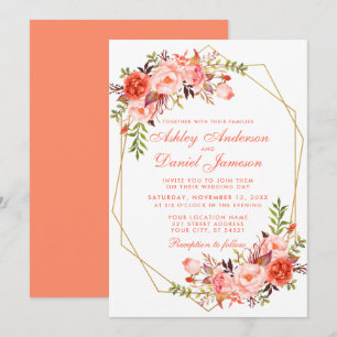 Invitation Aquarelle Coral Floral Mariage géométrique