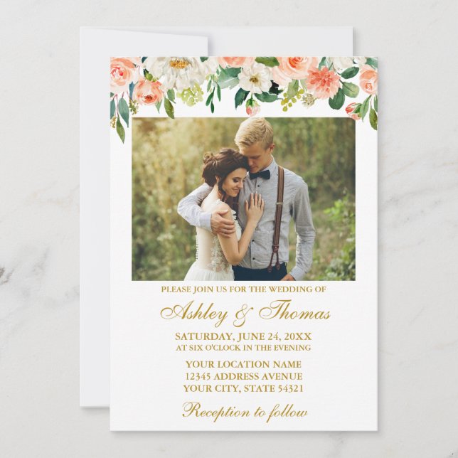 Invitation Aquarelle Coral Floral Photo Mariage Or (Devant)