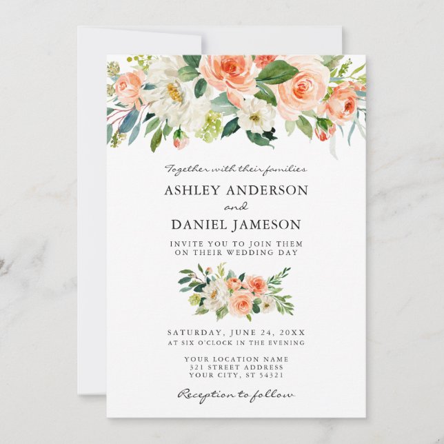 Invitation Aquarelle Coral Floral Vert Mariage W (Devant)