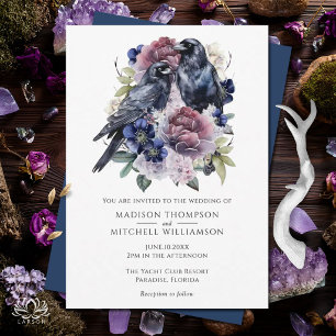 Invitation Aquarelle Corbeaux Floral Gothique Violet 