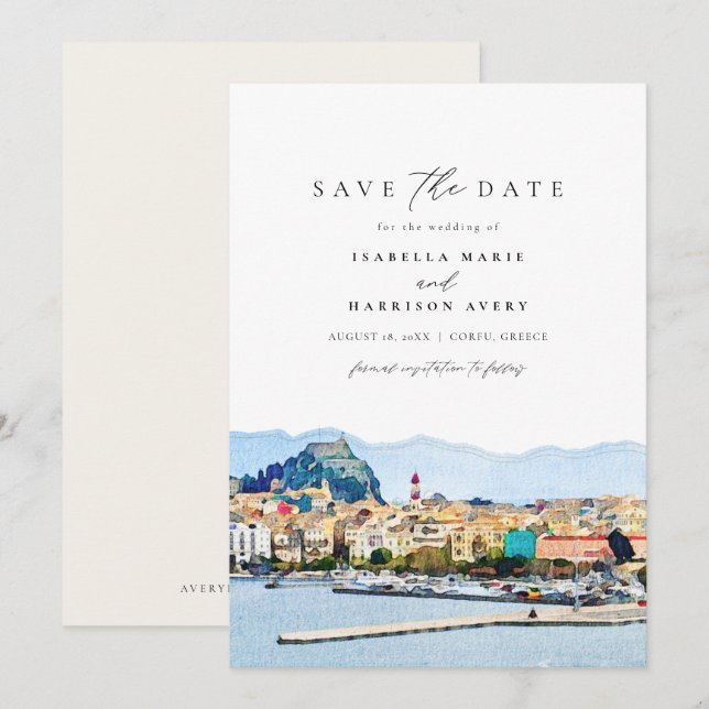 Invitation Aquarelle Corfou Grèce Kerkyra Enregistrer la date (Devant / Derrière)