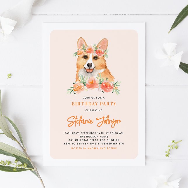 Invitation Aquarelle Corgi Pêche Florale Chien Fête d'anniver (Créateur téléchargé)