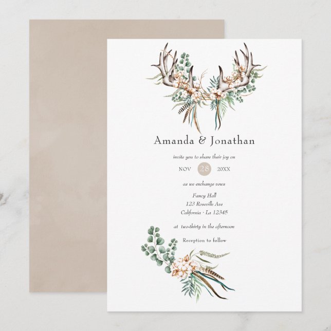 Invitation Aquarelle Cotton Boho et Eucalyptus Mariage Bohème (Devant / Derrière)