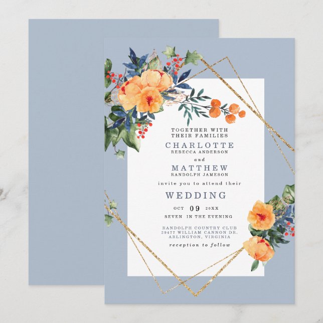 Invitation Aquarelle couleur bleu Arrière - plan Mariage (Devant / Derrière)