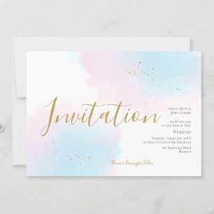 Invitation Aquarelle couleur bleu rose blanc Mariage doré