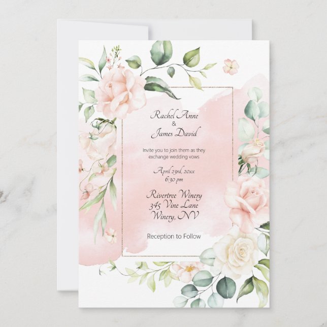 Invitation Aquarelle couleur or rose pâle Rose Mariage (Devant)