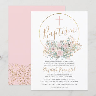 Invitation Aquarelle couleur or vert rose confetti vert rose
