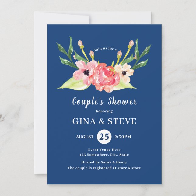 Invitation Aquarelle couleur orange rose marine Douche du cou (Devant)