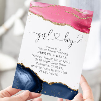 Invitation Aquarelle couleur rose et bleu marine Révélation d