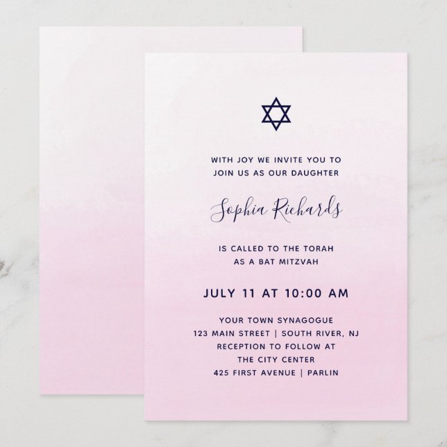 Invitation Aquarelle couleur rose pâle| Bat mitzvah (Devant / Derrière)