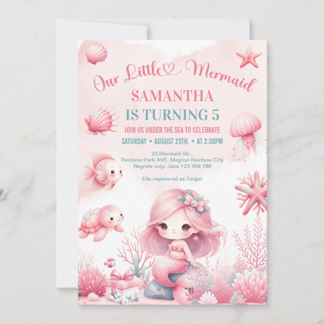 Invitation Aquarelle couleur rose turquoise sirène tout anniv (Devant)