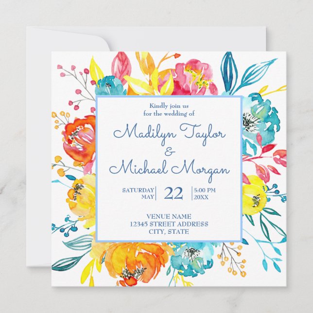 Invitation Aquarelle couleur vive Mariage floral (Devant)
