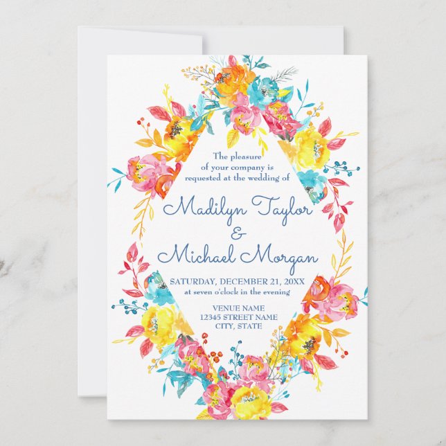 Invitation Aquarelle couleur vive Mariage floral (Devant)