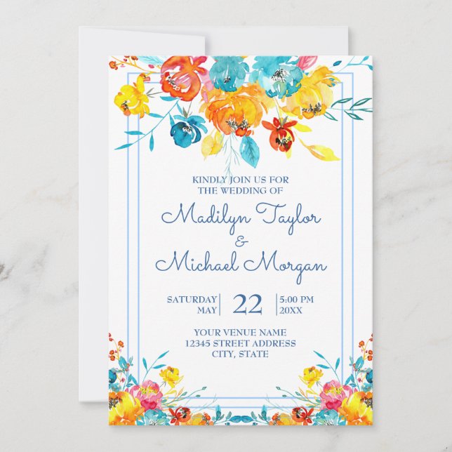Invitation Aquarelle couleur vive Mariage floral (Devant)