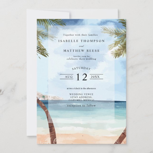 Invitation Aquarelle Cozumel Plage tropicale Mariage (Devant)