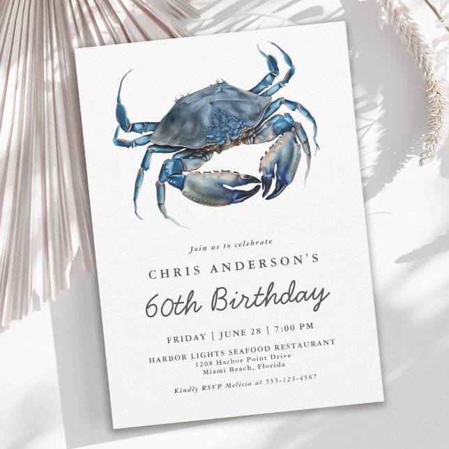 Invitation Aquarelle Crabe bleu Fruits de mer 60e anniversair (Available in both printed and instant download digital formats.)