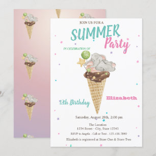 Invitation Aquarelle Crème glacée Bébé Eléphant Fête d'annive