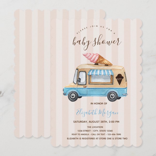 Invitation Aquarelle Crème glacée Camion Baby shower rayé (Devant / Derrière)