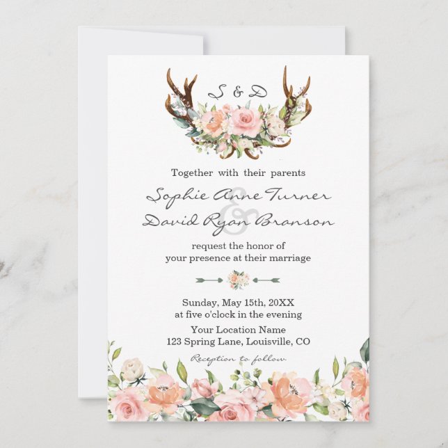 Invitation Aquarelle Crème rose Floral Antlers Mariage (Devant)