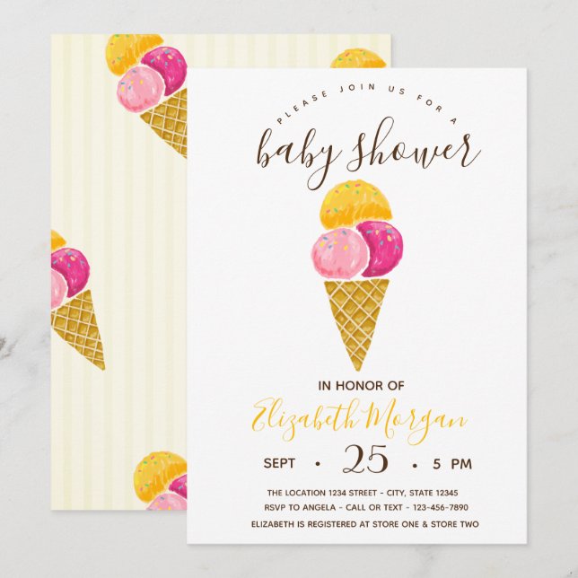 Invitation Aquarelle Crèmes glacées, Baby shower rayures (Devant / Derrière)