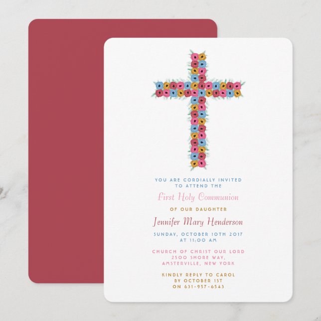 Invitation Aquarelle croisée florale communion ou confirmatio (Devant / Derrière)