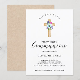 Invitation Aquarelle Croix florale Kraft Look Première commun