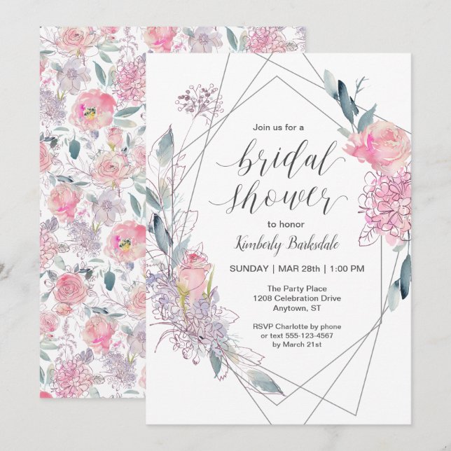 Invitation Aquarelle Croquis Floral Fête des mariées géométri (Devant / Derrière)