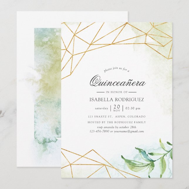 Invitation Aquarelle Crystal Quinceañera (Devant / Derrière)