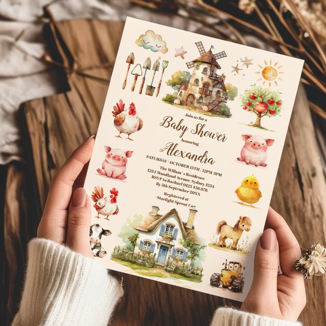 Invitation Aquarelle Cute Animaux de ferme Barnyard Baby show (Créateur téléchargé)