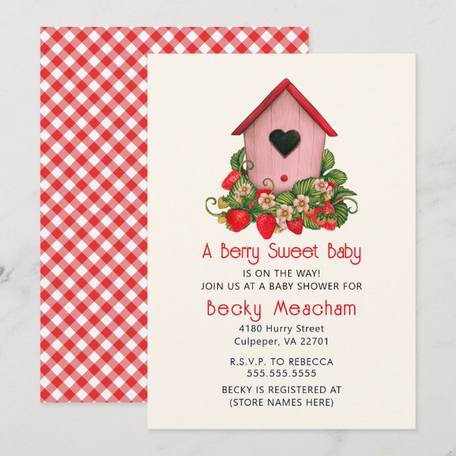 Invitation Aquarelle Cute Birdhouse avec fraises (Devant / Derrière)