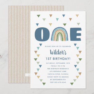 Invitation Aquarelle Cute Boho Arc en ciel Anniversaire Bleu 