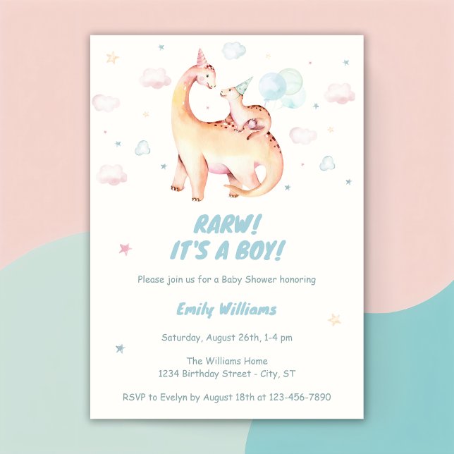 Invitation Aquarelle Cute Boy Dinosaur Rawr Baby shower (Créateur téléchargé)