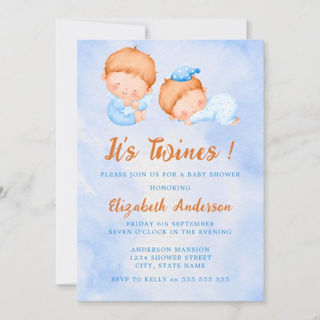 Invitation Aquarelle Cute C'est Twins Baby shower bleu (Devant)