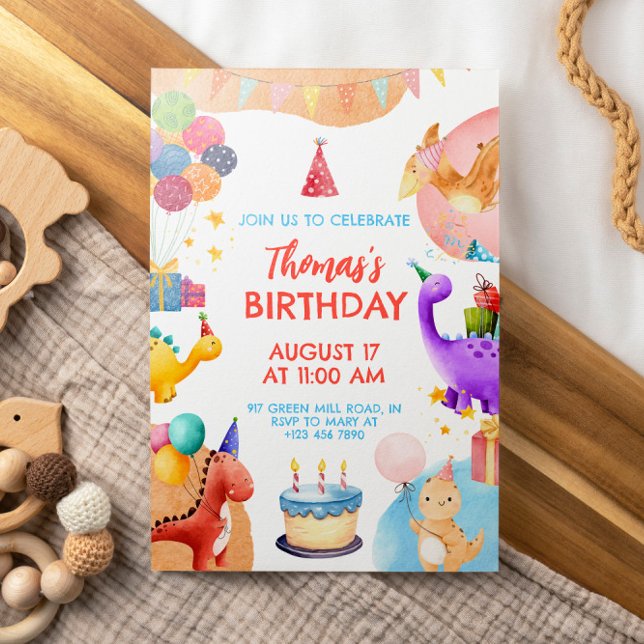 Invitation Aquarelle Cute Dinosaur Anniversaire (Créateur téléchargé)