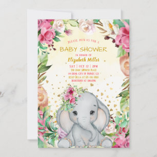 Invitation Aquarelle Cute Elephant Baby shower Fleurs roses
