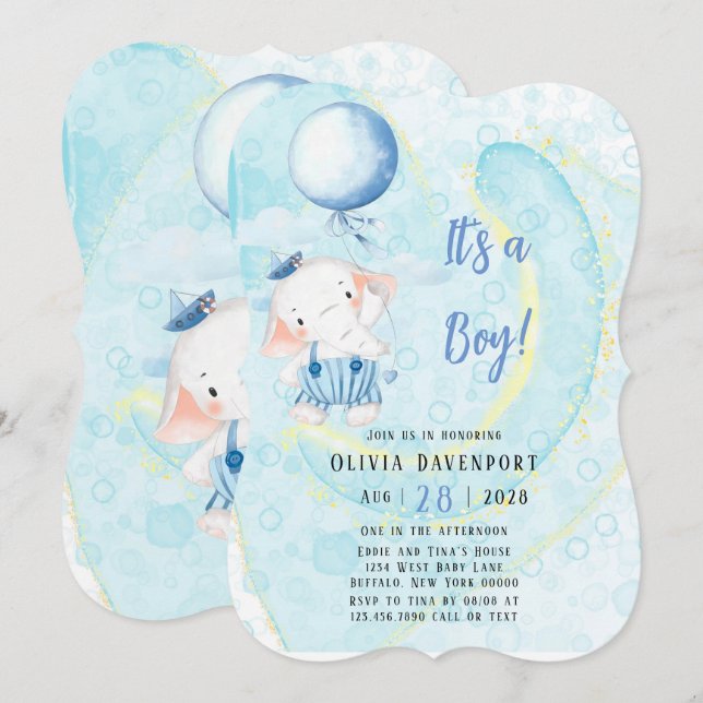 Invitation Aquarelle Cute Elephant Nautical Boy Baby shower (Devant / Derrière)