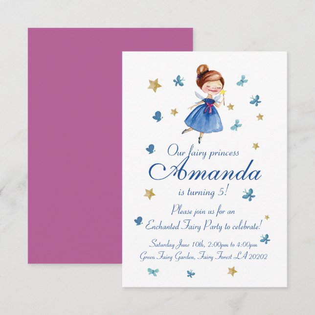 Invitation Aquarelle CUTE Fairy Princess Butterfly Anniversai (Devant / Derrière)