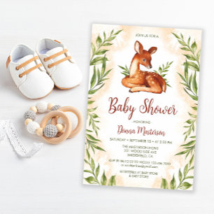 Invitation Aquarelle Cute Fawn Baby shower botanique