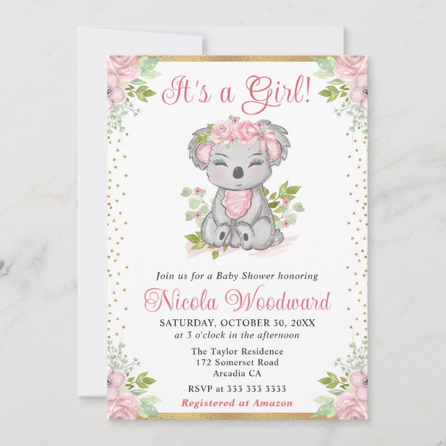 Invitation Aquarelle Cute Floral Koala Girl Baby shower (Devant)