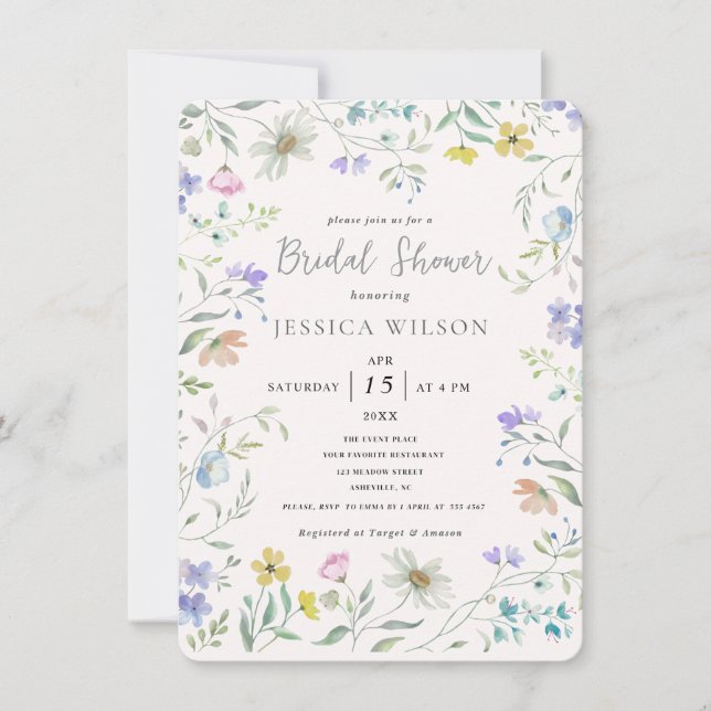 Invitation Aquarelle Cute Floral Meadow Fête des mariées (Devant)