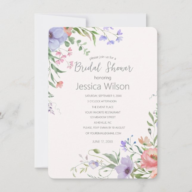 Invitation Aquarelle Cute Floral Meadow Fête des mariées (Devant)