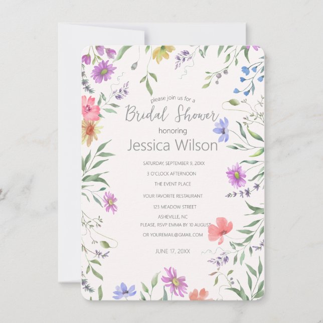 Invitation Aquarelle Cute Floral Meadow Fête des mariées (Devant)