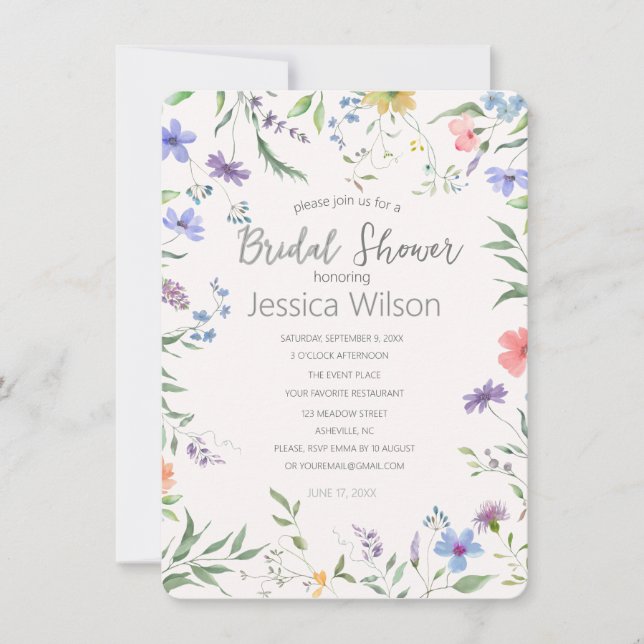 Invitation Aquarelle Cute Floral Meadow Fête des mariées (Devant)