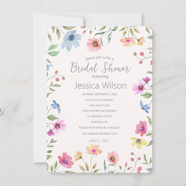 Invitation Aquarelle Cute Floral Meadow Fête des mariées (Devant)