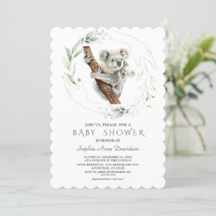 Invitation Aquarelle Cute Koala Baby shower d'or vert