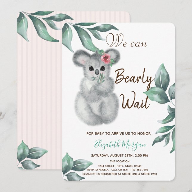 Invitation Aquarelle Cute Koala Baby shower rose rayé (Devant / Derrière)