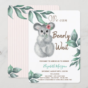 Invitation Aquarelle Cute Koala Baby shower rose rayé
