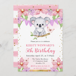 Invitation Aquarelle Cute Koala & Fleurs tropicales Anniversa